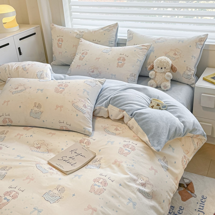 91家纺网 家纺一手货源 找家纺 晨希家居 2025A面40支全棉印花B版高克重牛奶绒棉加绒多规格套件棉加绒-星愿萌犬