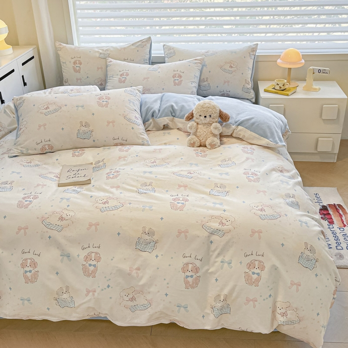 91家纺网 家纺一手货源 找家纺 晨希家居 2025A面40支全棉印花B版高克重牛奶绒棉加绒多规格套件棉加绒-星愿萌犬