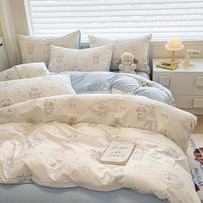 91家纺网 家纺一手货源 找家纺 晨希家居 2025A面40支全棉印花B版高克重牛奶绒棉加绒多规格套件棉加绒-星愿萌犬