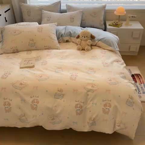 91家纺网 家纺一手货源 找家纺 晨希家居 2025A面40支全棉印花B版高克重牛奶绒棉加绒多规格套件棉加绒-星愿萌犬