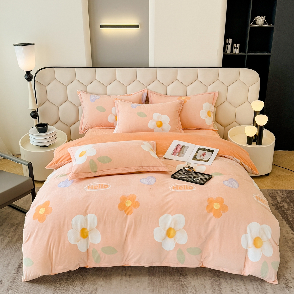 91家纺网 家纺一手货源 找家纺 喜四方 2025新款超细旦婴儿宝宝绒印花四件套 初心-桔