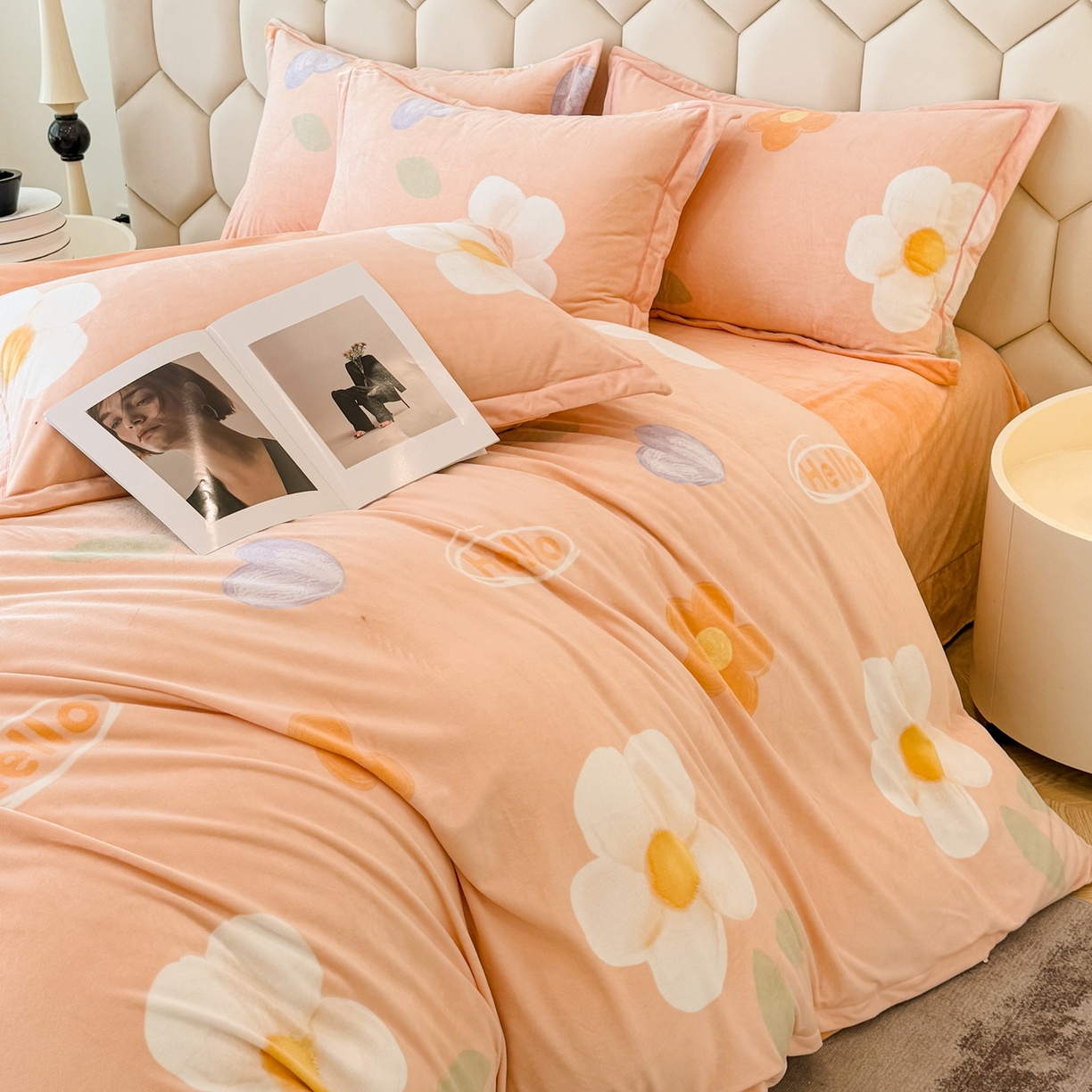 91家纺网 家纺一手货源 找家纺 喜四方 2025新款超细旦婴儿宝宝绒印花四件套 初心-桔