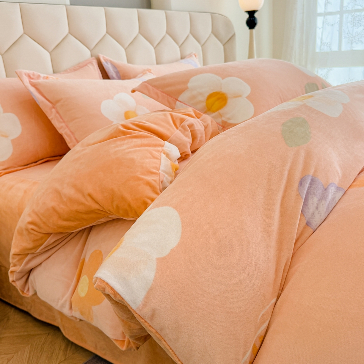 91家纺网 家纺一手货源 找家纺 喜四方 2025新款超细旦婴儿宝宝绒印花四件套 初心-桔