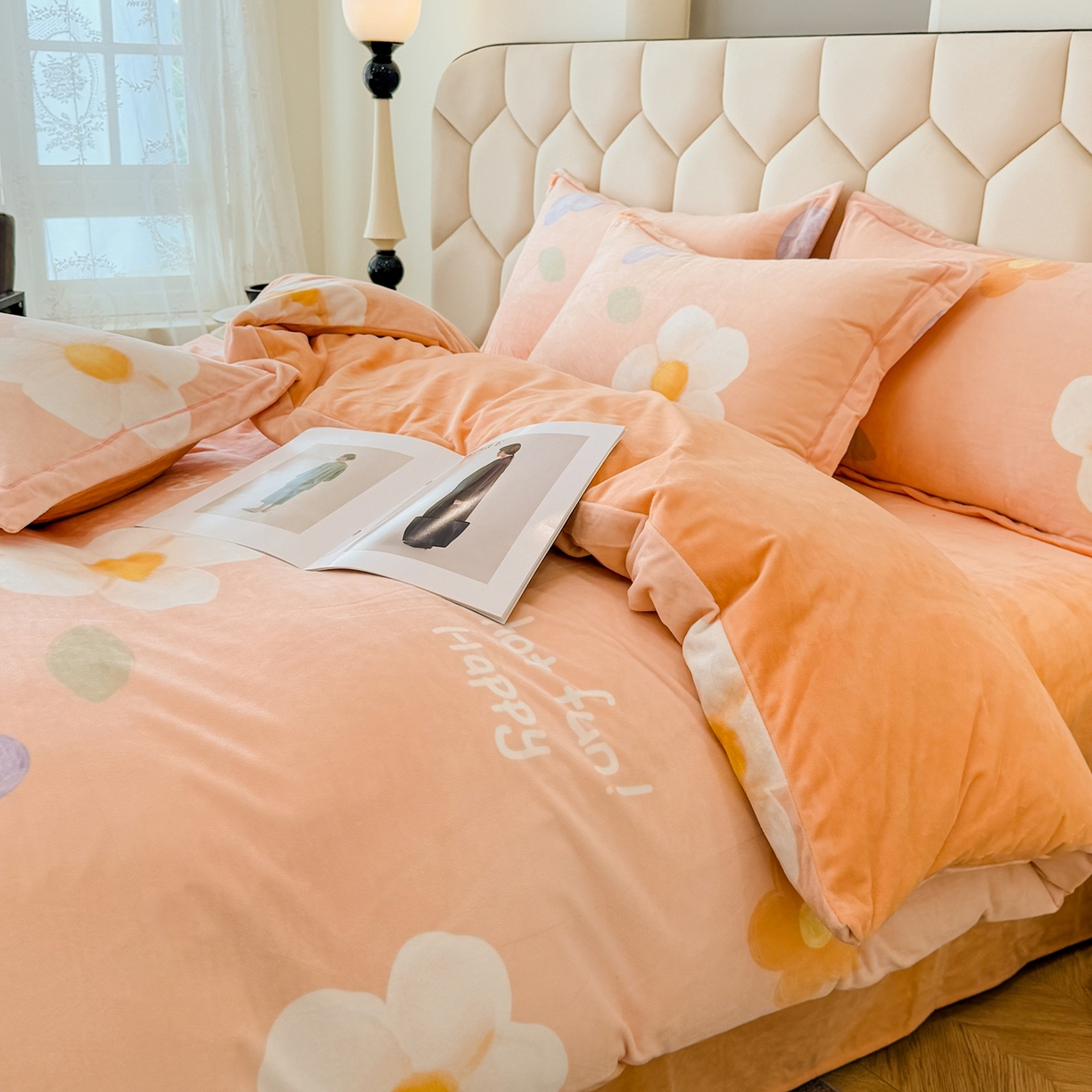 91家纺网 家纺一手货源 找家纺 喜四方 2025新款超细旦婴儿宝宝绒印花四件套 初心-桔