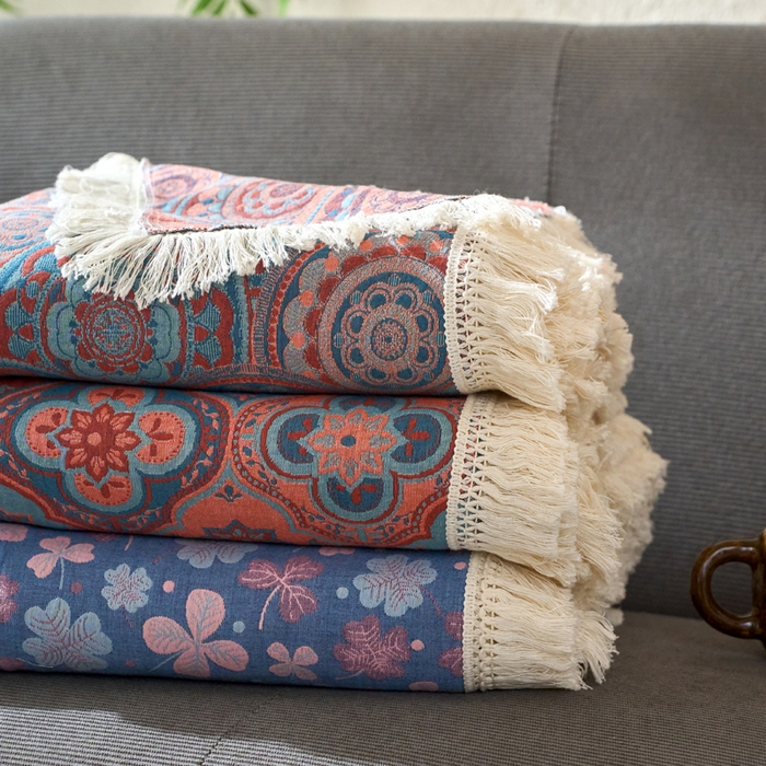 91家纺网 家纺一手货源 找家纺 （总）春皖家纺 2025新款棉麻大提花三层纱多功能盖毯毯子