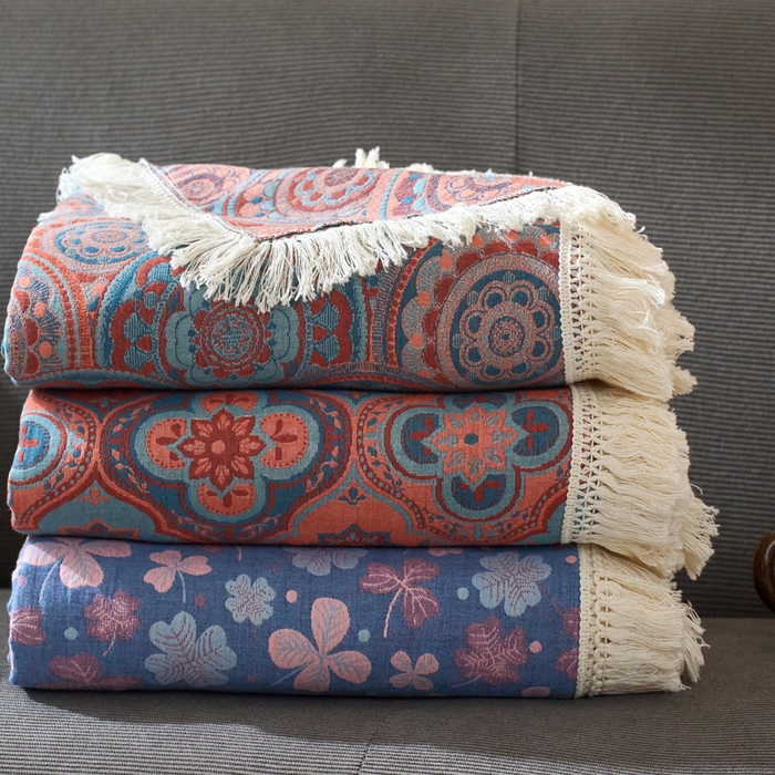 （总）春皖家纺 2025新款棉麻大提花三层纱多功能盖毯毯子