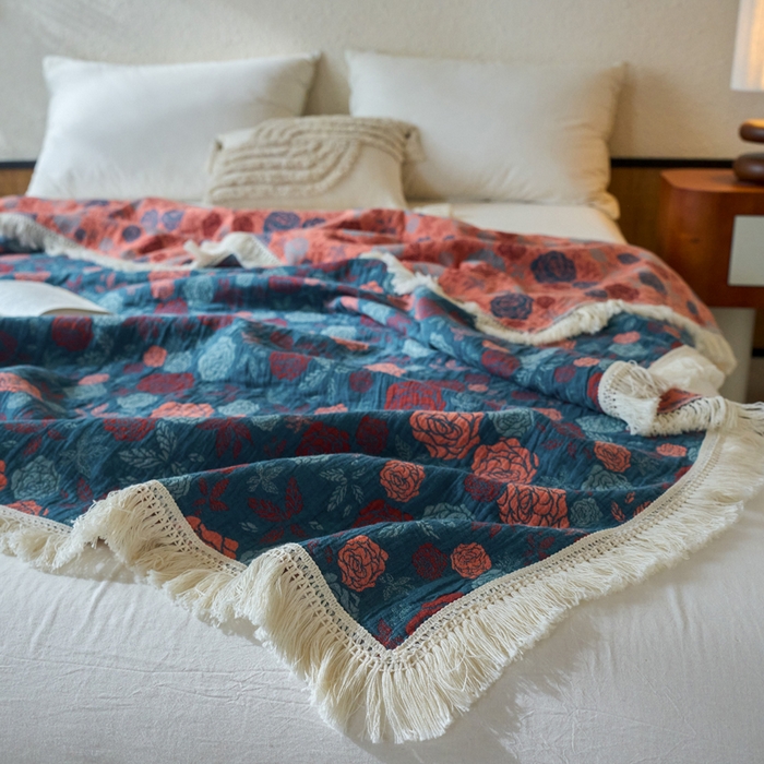 91家纺网 家纺一手货源 找家纺 春皖家纺 2025新款棉麻大提花三层纱多功能盖毯毯子 棠颜