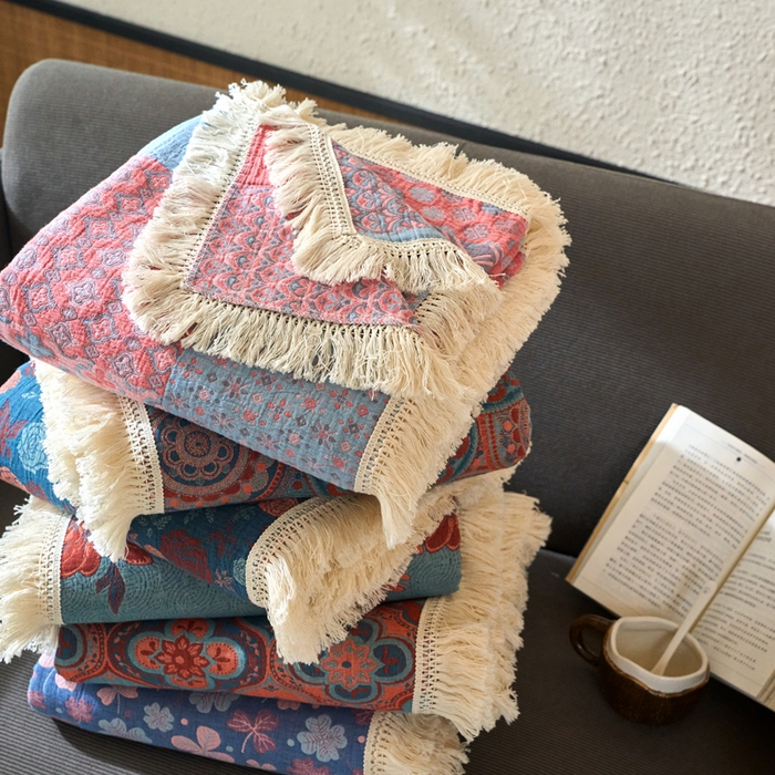 91家纺网 家纺一手货源 找家纺 （总）春皖家纺 2025新款棉麻大提花三层纱多功能盖毯毯子