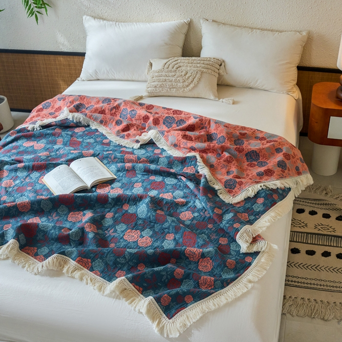 91家纺网 家纺一手货源 找家纺 春皖家纺 2025新款棉麻大提花三层纱多功能盖毯毯子 棠颜