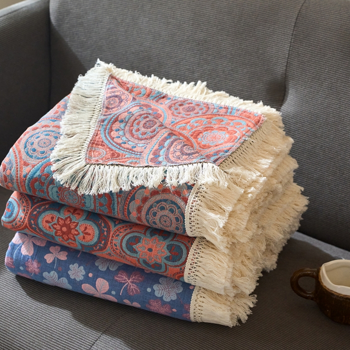 91家纺网 家纺一手货源 找家纺 春皖家纺 2025新款棉麻大提花三层纱多功能盖毯毯子 叠拍