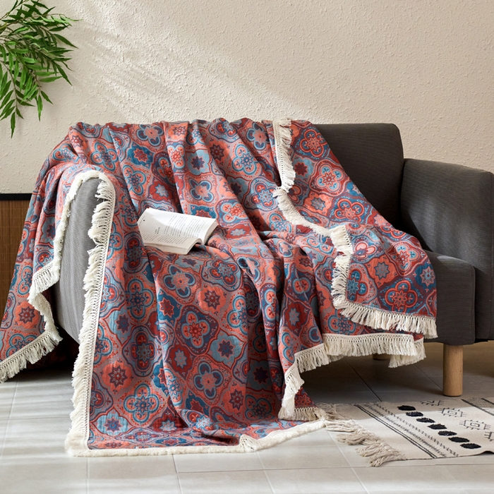 91家纺网 家纺一手货源 找家纺 春皖家纺 2025新款棉麻大提花三层纱多功能盖毯毯子 云溪