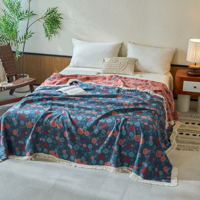 91家纺网 家纺一手货源 找家纺 春皖家纺 2025新款棉麻大提花三层纱多功能盖毯毯子 棠颜