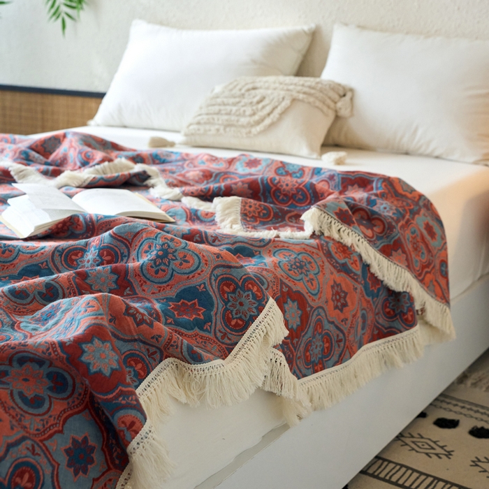 91家纺网 家纺一手货源 找家纺 春皖家纺 2025新款棉麻大提花三层纱多功能盖毯毯子 云溪