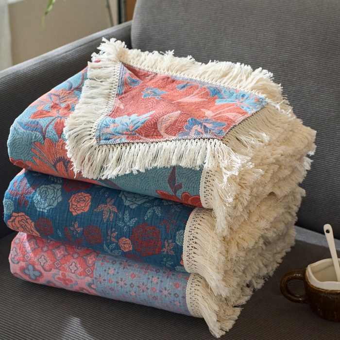 91家纺网 家纺一手货源 找家纺 （总）春皖家纺 2025新款棉麻大提花三层纱多功能盖毯毯子