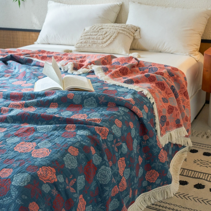 91家纺网 家纺一手货源 找家纺 春皖家纺 2025新款棉麻大提花三层纱多功能盖毯毯子 棠颜