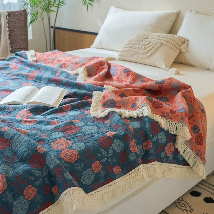 91家纺网 家纺一手货源 找家纺 春皖家纺 2025新款棉麻大提花三层纱多功能盖毯毯子 棠颜