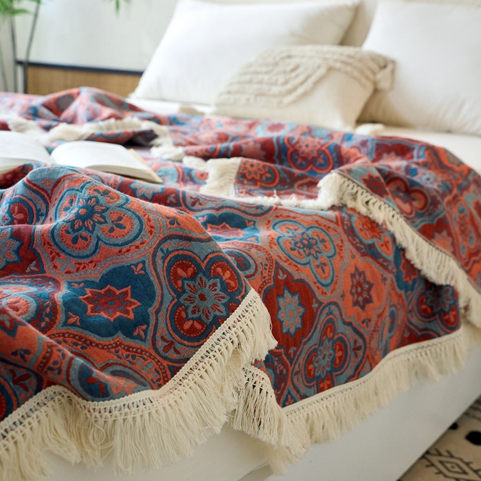 91家纺网 家纺一手货源 找家纺 春皖家纺 2025新款棉麻大提花三层纱多功能盖毯毯子 云溪