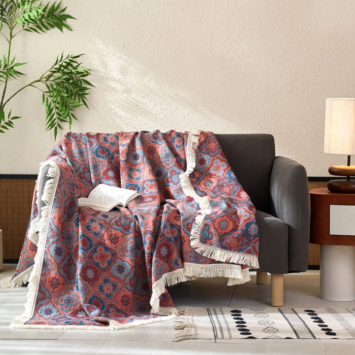 91家纺网 家纺一手货源 找家纺 春皖家纺 2025新款棉麻大提花三层纱多功能盖毯毯子 云溪