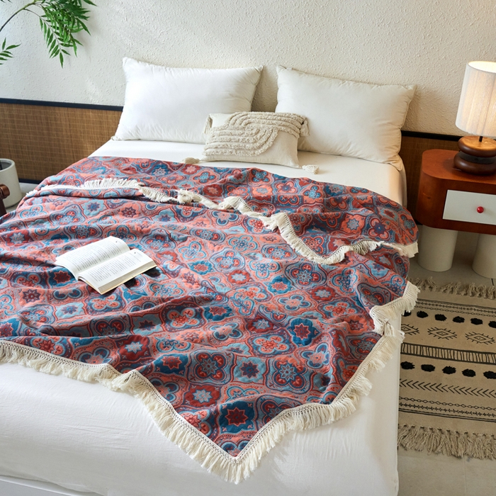 91家纺网 家纺一手货源 找家纺 春皖家纺 2025新款棉麻大提花三层纱多功能盖毯毯子 云溪