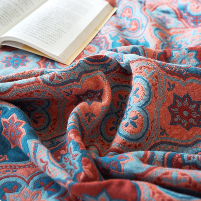 91家纺网 家纺一手货源 找家纺 春皖家纺 2025新款棉麻大提花三层纱多功能盖毯毯子 云溪