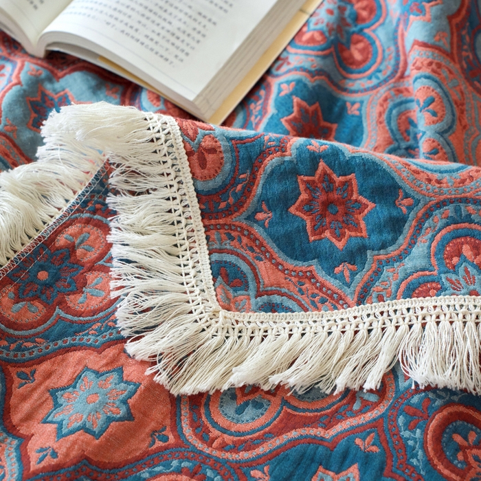 91家纺网 家纺一手货源 找家纺 春皖家纺 2025新款棉麻大提花三层纱多功能盖毯毯子 云溪