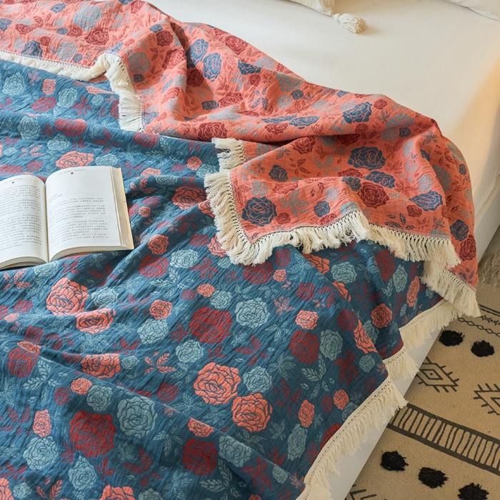 91家纺网 家纺一手货源 找家纺 春皖家纺 2025新款棉麻大提花三层纱多功能盖毯毯子 棠颜