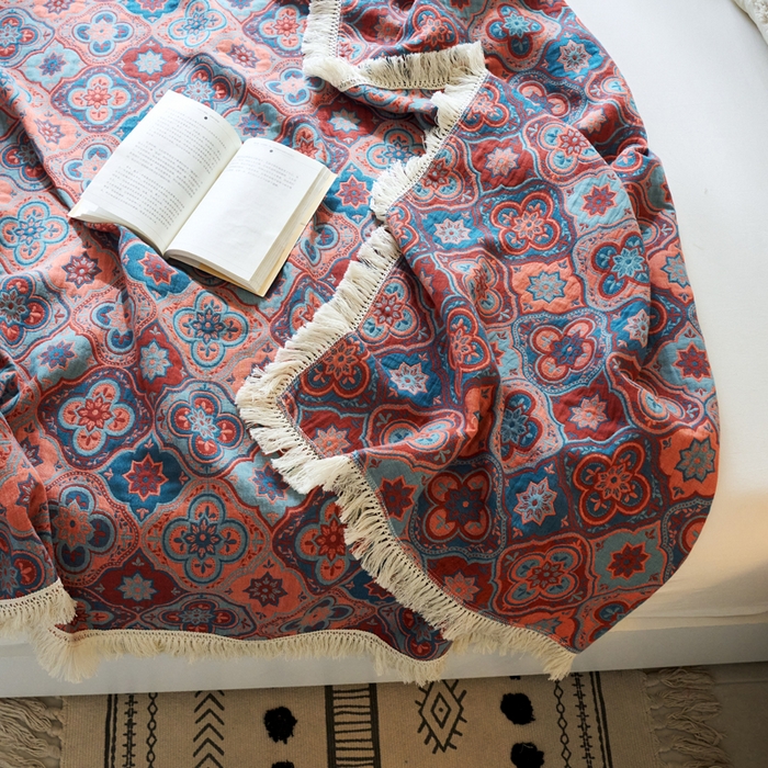 91家纺网 家纺一手货源 找家纺 春皖家纺 2025新款棉麻大提花三层纱多功能盖毯毯子 云溪