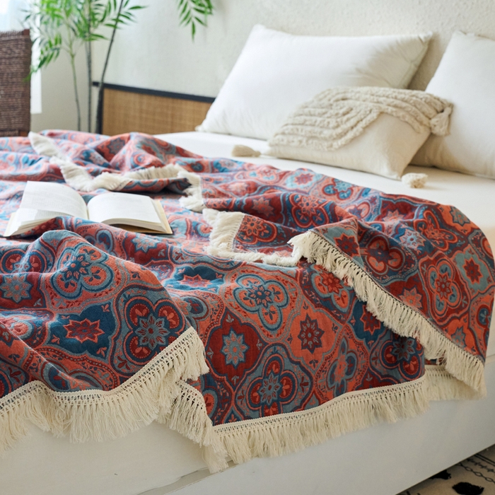 91家纺网 家纺一手货源 找家纺 春皖家纺 2025新款棉麻大提花三层纱多功能盖毯毯子 云溪