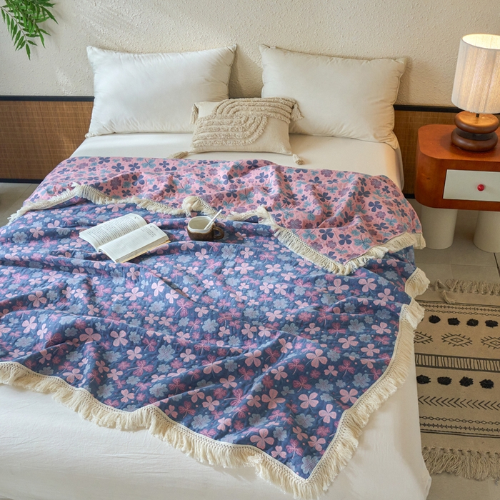 91家纺网 家纺一手货源 找家纺 春皖家纺 2025新款棉麻大提花三层纱多功能盖毯毯子 山舍