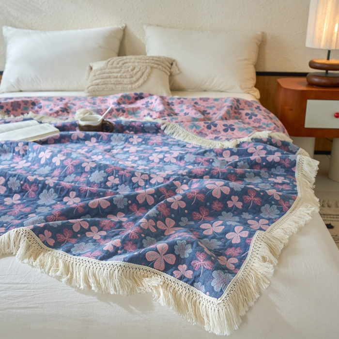 91家纺网 家纺一手货源 找家纺 春皖家纺 2025新款棉麻大提花三层纱多功能盖毯毯子 山舍