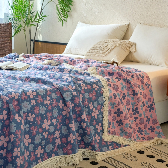 91家纺网 家纺一手货源 找家纺 春皖家纺 2025新款棉麻大提花三层纱多功能盖毯毯子 山舍