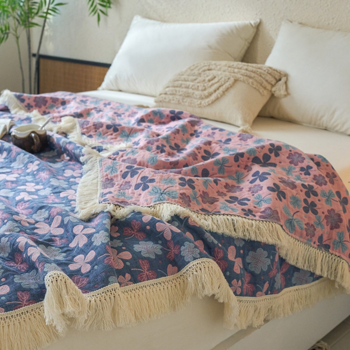 91家纺网 家纺一手货源 找家纺 春皖家纺 2025新款棉麻大提花三层纱多功能盖毯毯子 山舍