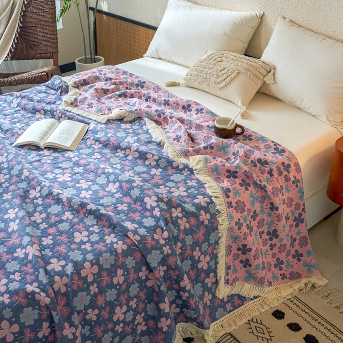 91家纺网 家纺一手货源 找家纺 春皖家纺 2025新款棉麻大提花三层纱多功能盖毯毯子 山舍