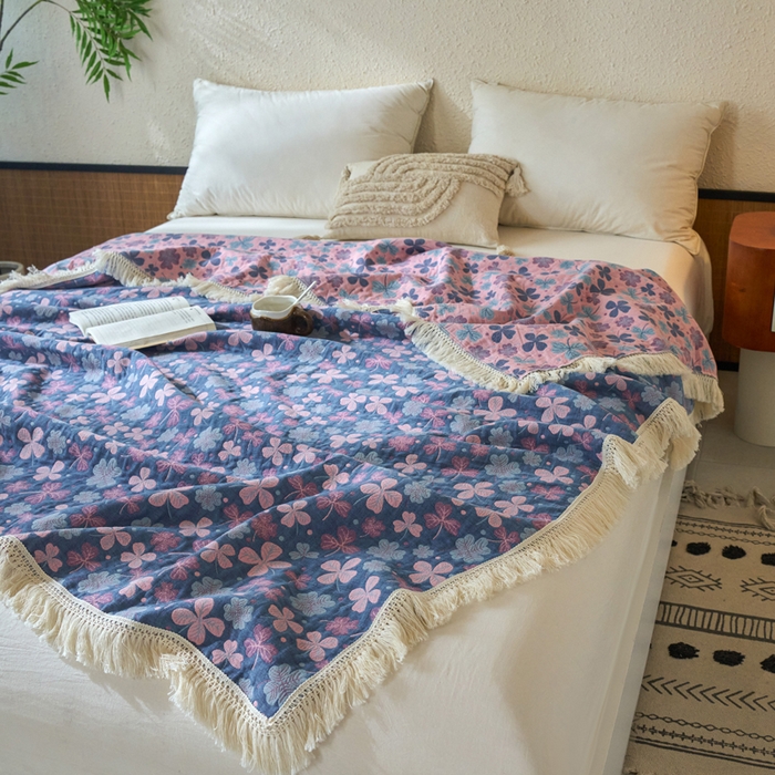 91家纺网 家纺一手货源 找家纺 春皖家纺 2025新款棉麻大提花三层纱多功能盖毯毯子 山舍