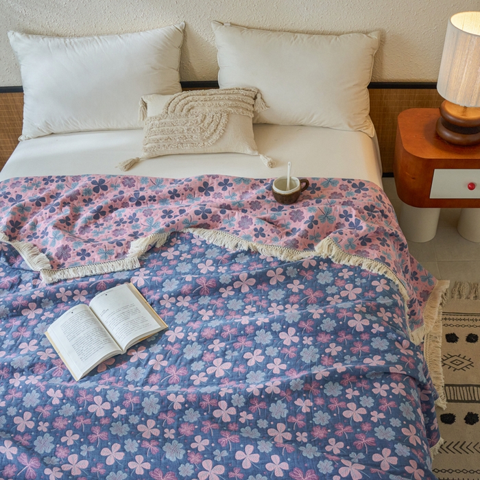 91家纺网 家纺一手货源 找家纺 春皖家纺 2025新款棉麻大提花三层纱多功能盖毯毯子 山舍