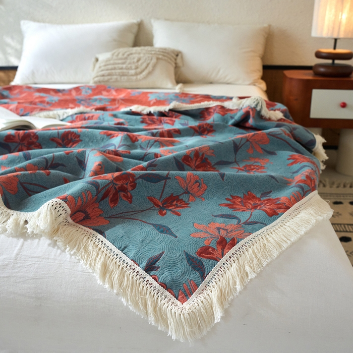 91家纺网 家纺一手货源 找家纺 春皖家纺 2025新款棉麻大提花三层纱多功能盖毯毯子 悦色