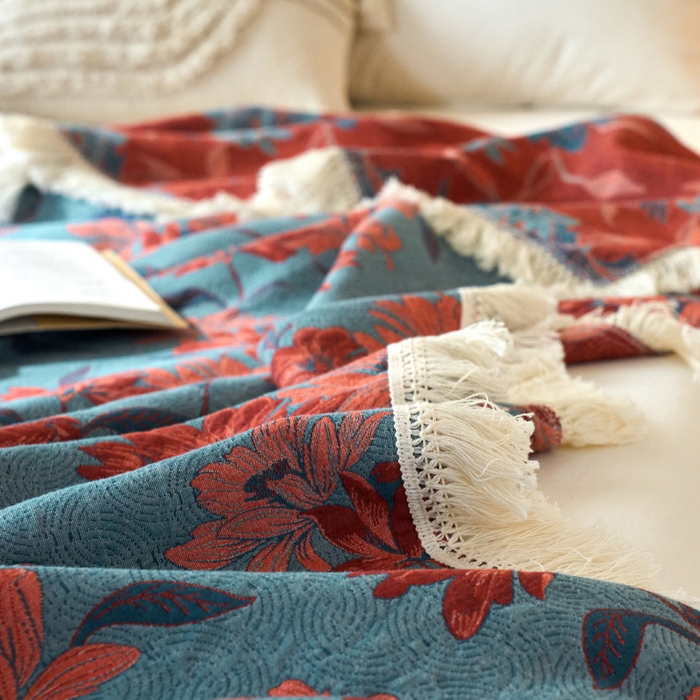 91家纺网 家纺一手货源 找家纺 春皖家纺 2025新款棉麻大提花三层纱多功能盖毯毯子 悦色