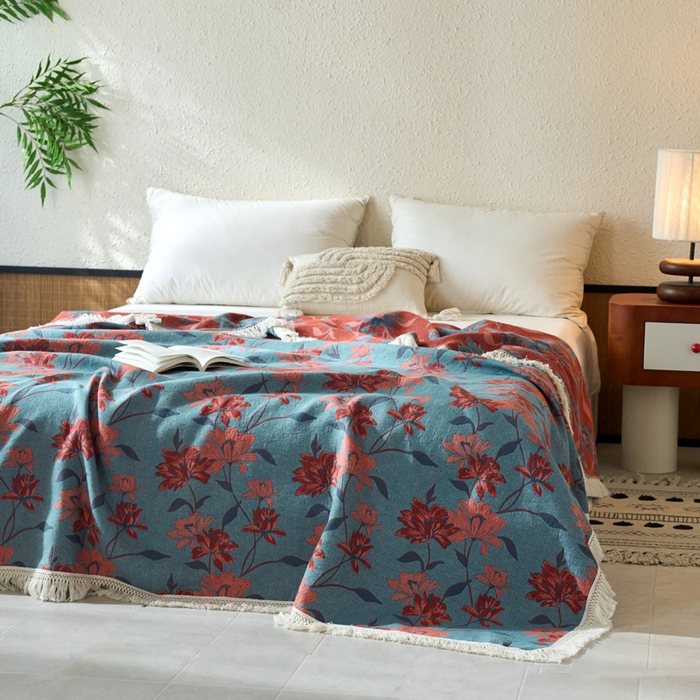 91家纺网 家纺一手货源 找家纺 春皖家纺 2025新款棉麻大提花三层纱多功能盖毯毯子 悦色