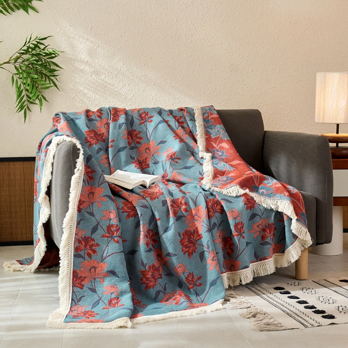 91家纺网 家纺一手货源 找家纺 春皖家纺 2025新款棉麻大提花三层纱多功能盖毯毯子 悦色