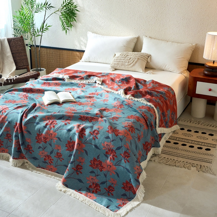 91家纺网 家纺一手货源 找家纺 春皖家纺 2025新款棉麻大提花三层纱多功能盖毯毯子 悦色