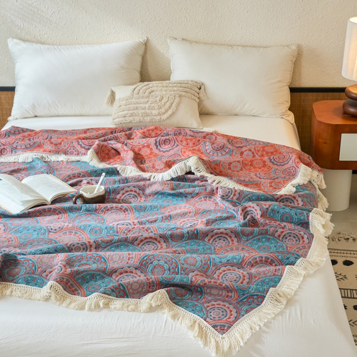 91家纺网 家纺一手货源 找家纺 春皖家纺 2025新款棉麻大提花三层纱多功能盖毯毯子 归客