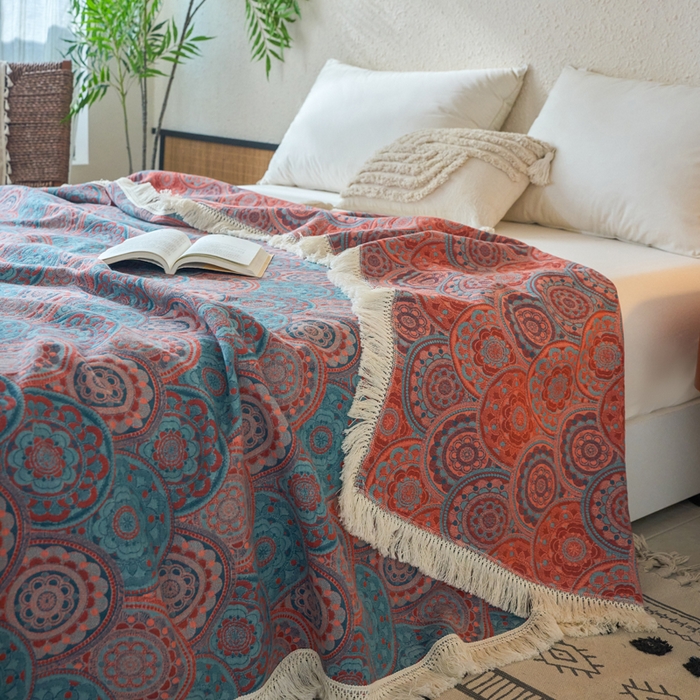 91家纺网 家纺一手货源 找家纺 春皖家纺 2025新款棉麻大提花三层纱多功能盖毯毯子 归客