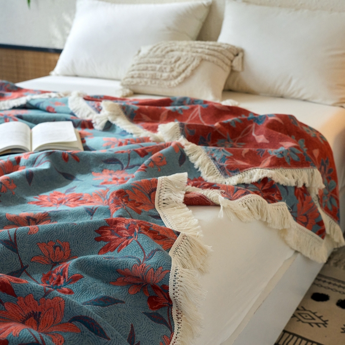 91家纺网 家纺一手货源 找家纺 春皖家纺 2025新款棉麻大提花三层纱多功能盖毯毯子 悦色