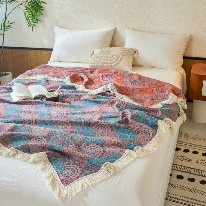 91家纺网 家纺一手货源 找家纺 春皖家纺 2025新款棉麻大提花三层纱多功能盖毯毯子 归客