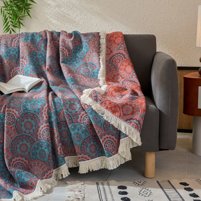 91家纺网 家纺一手货源 找家纺 春皖家纺 2025新款棉麻大提花三层纱多功能盖毯毯子 归客