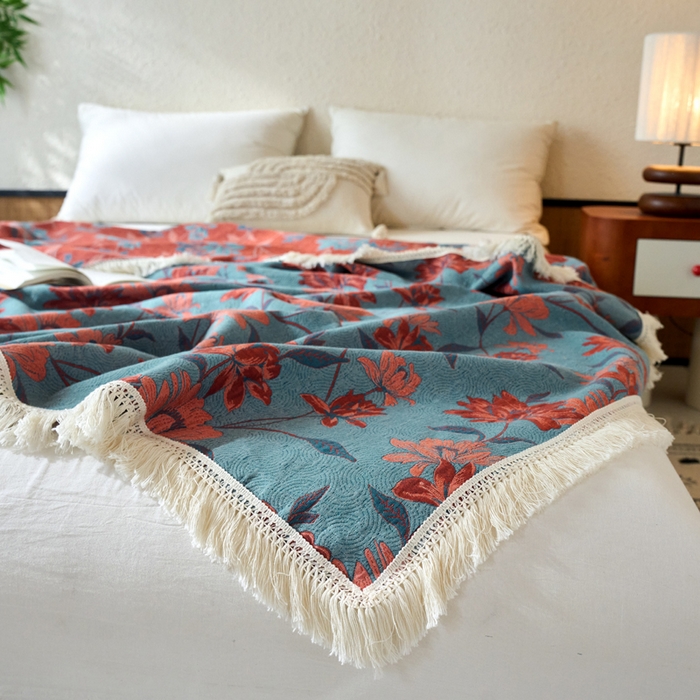 91家纺网 家纺一手货源 找家纺 春皖家纺 2025新款棉麻大提花三层纱多功能盖毯毯子 悦色