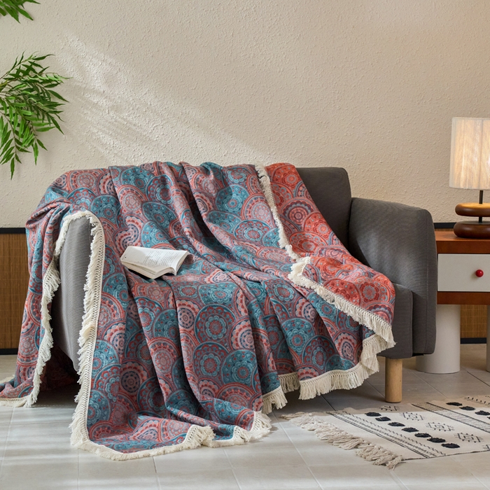 91家纺网 家纺一手货源 找家纺 春皖家纺 2025新款棉麻大提花三层纱多功能盖毯毯子 归客