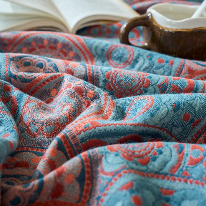 91家纺网 家纺一手货源 找家纺 春皖家纺 2025新款棉麻大提花三层纱多功能盖毯毯子 归客