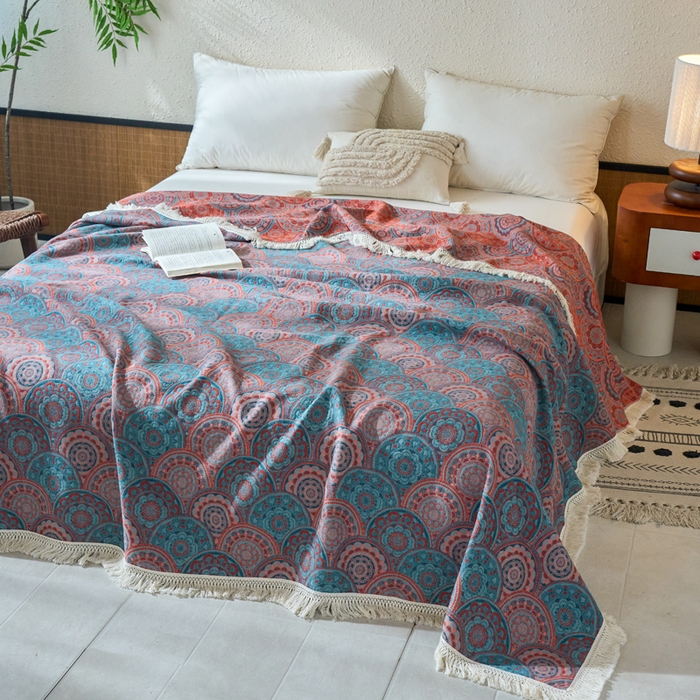 91家纺网 家纺一手货源 找家纺 春皖家纺 2025新款棉麻大提花三层纱多功能盖毯毯子 归客