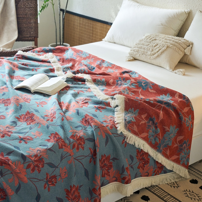 91家纺网 家纺一手货源 找家纺 春皖家纺 2025新款棉麻大提花三层纱多功能盖毯毯子 悦色